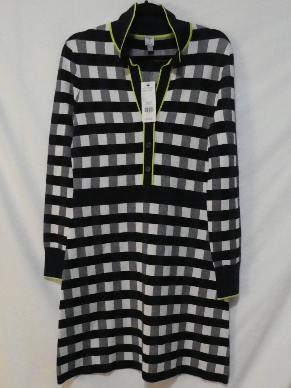 NWT TRISTAN Navy Black and White Checkered Knit Sweater Dress Neon Trim - Large
